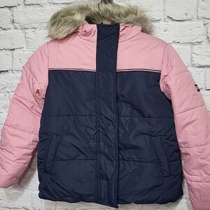 Tommy Hilfiger Girls M 8/10 Puffer Jacket Coat Pink Blue Faux Fur Hood MSRP $110